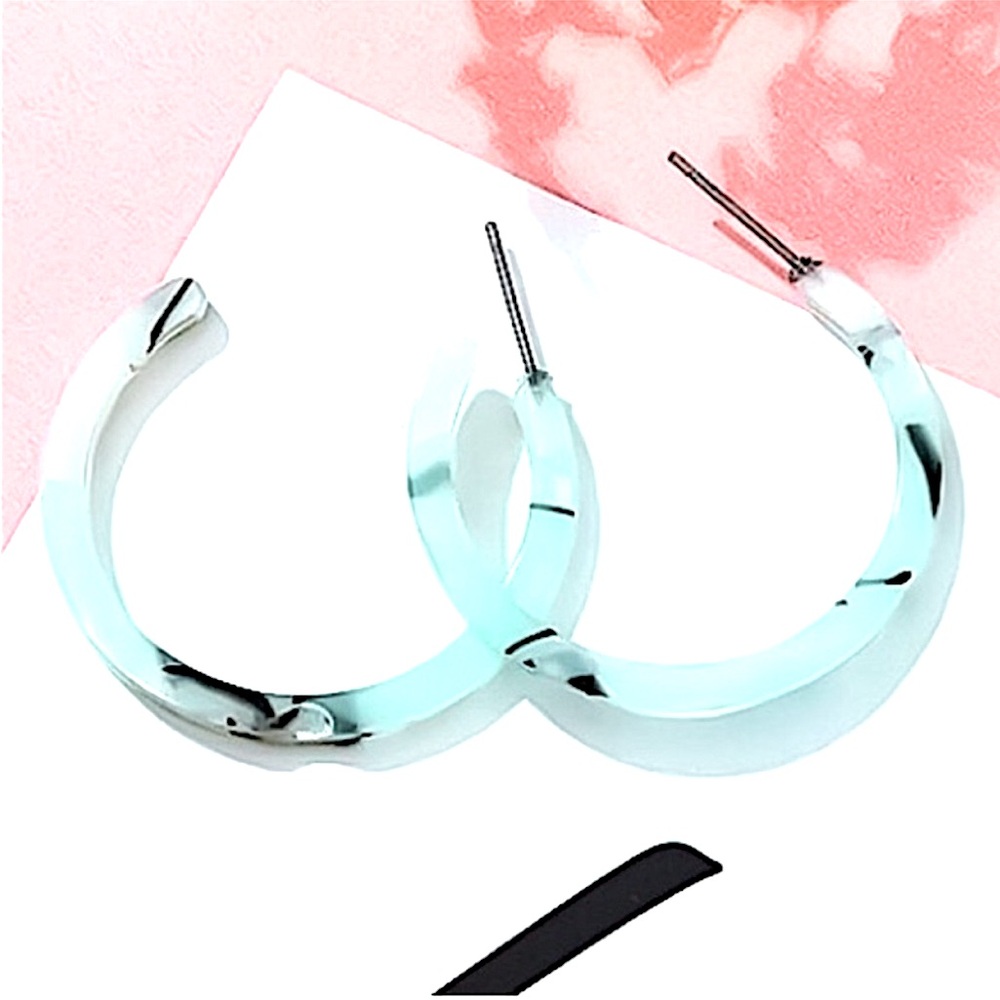 Aqua Green Blue Black accent Hoop Earrings Medium Acrylic Stainless post NEW NWT